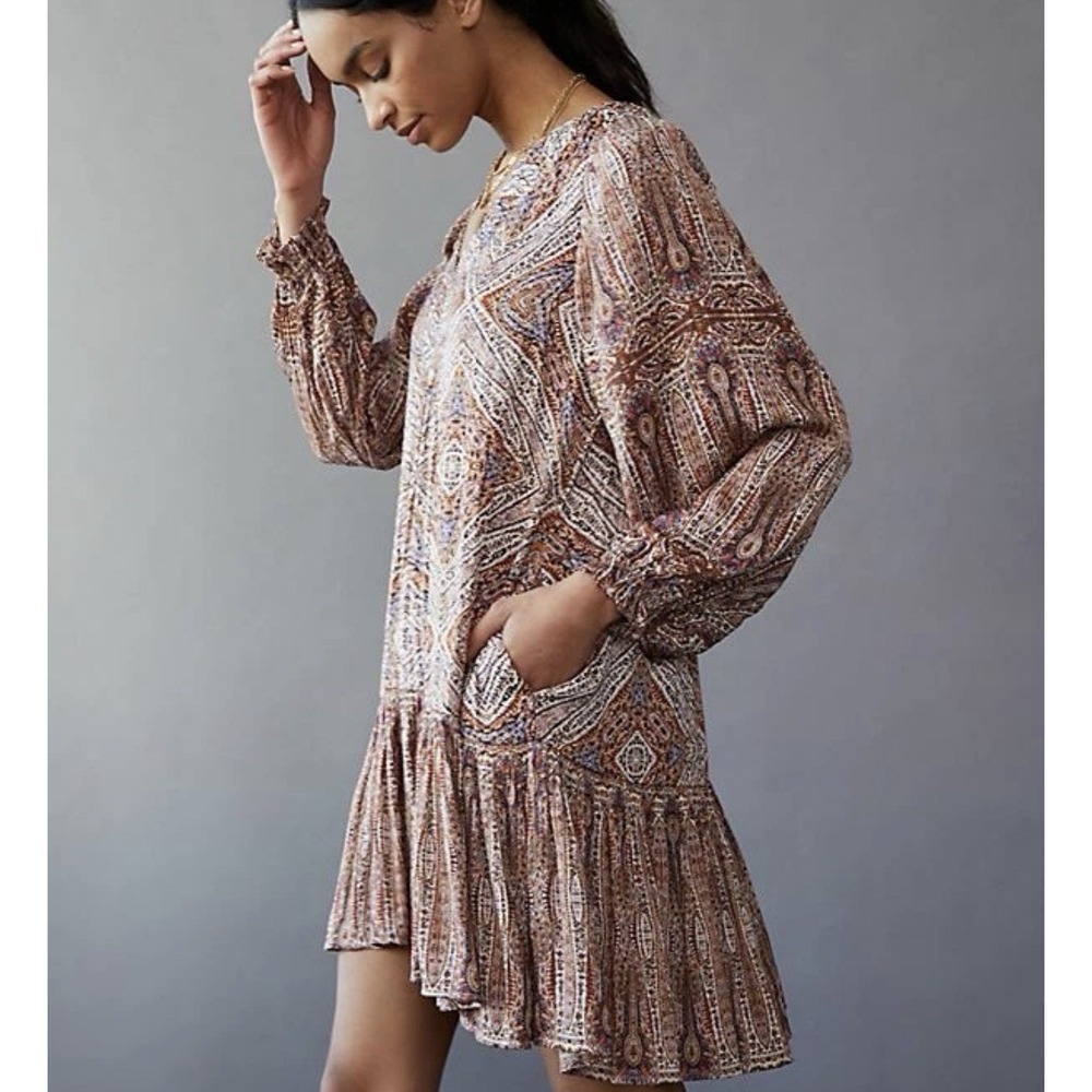Anthropologie Sabia Flounced Tunic Dress Small Brown Multi V Neck Pockets Lined - Picture 3 of 16